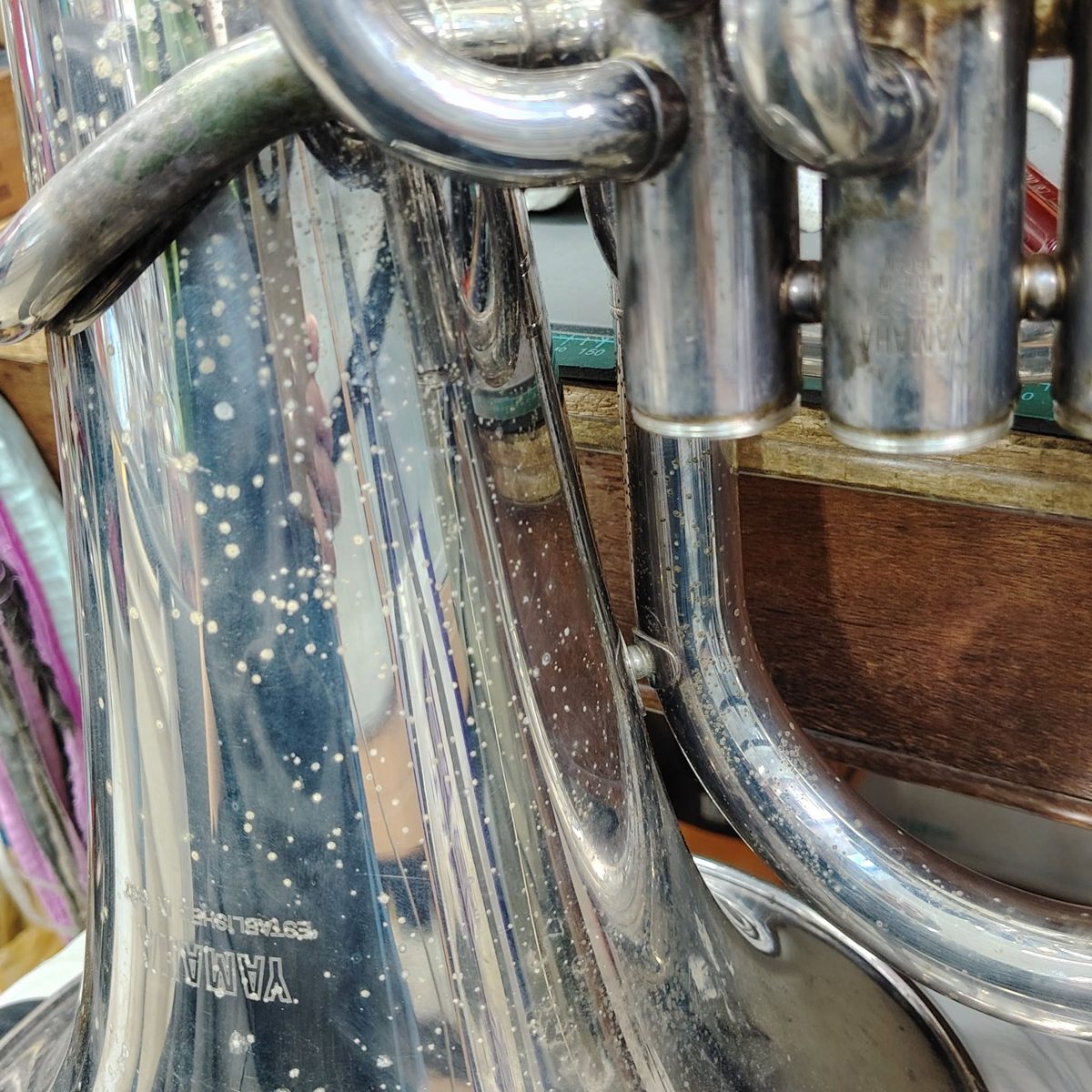 Silver-plated euphonium bell and valve tubing with pitting