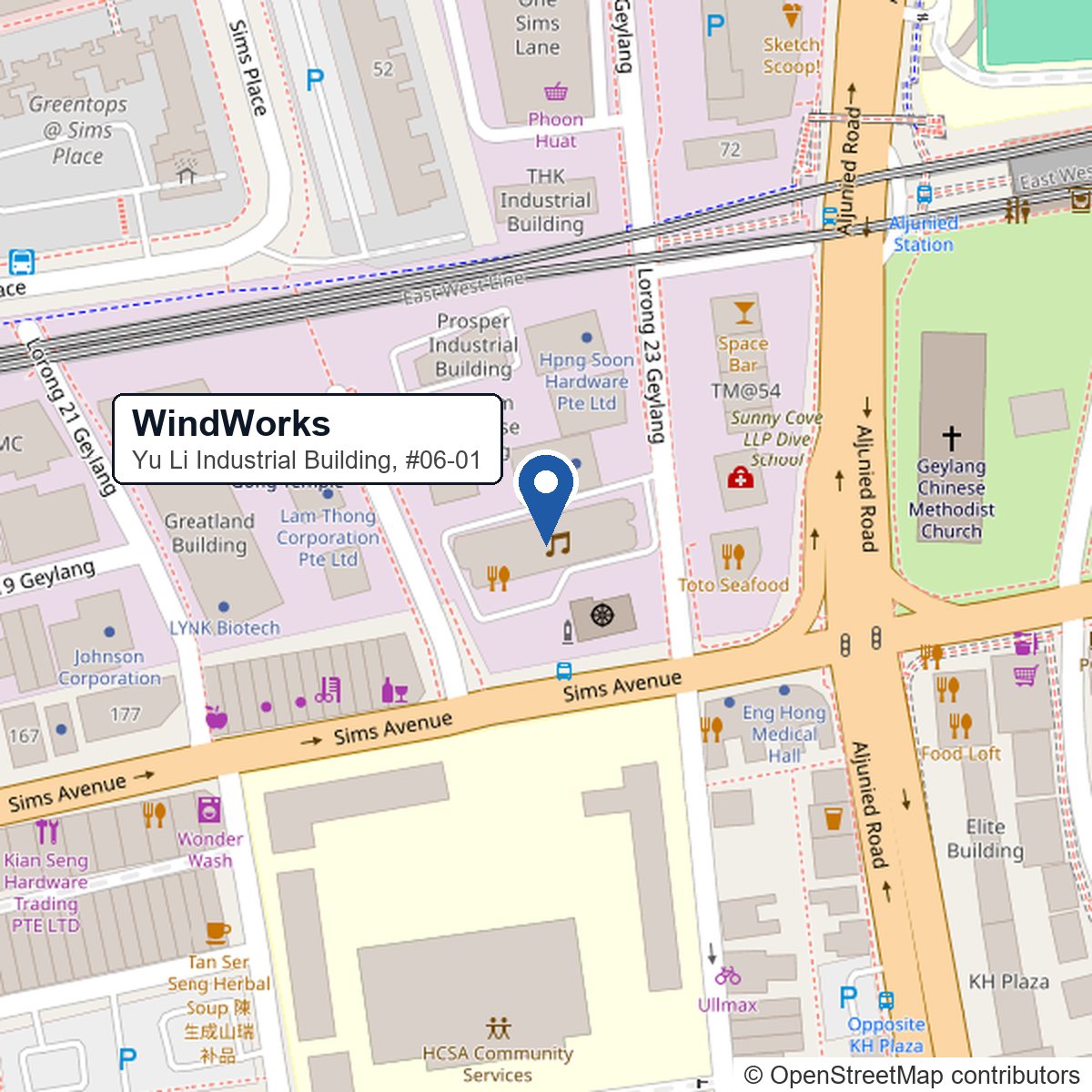 Map: WindWorks at Yu Li Industrial Building, 37 Lorong 23 Geylang, on Sims Avenue near Aljunied MRT